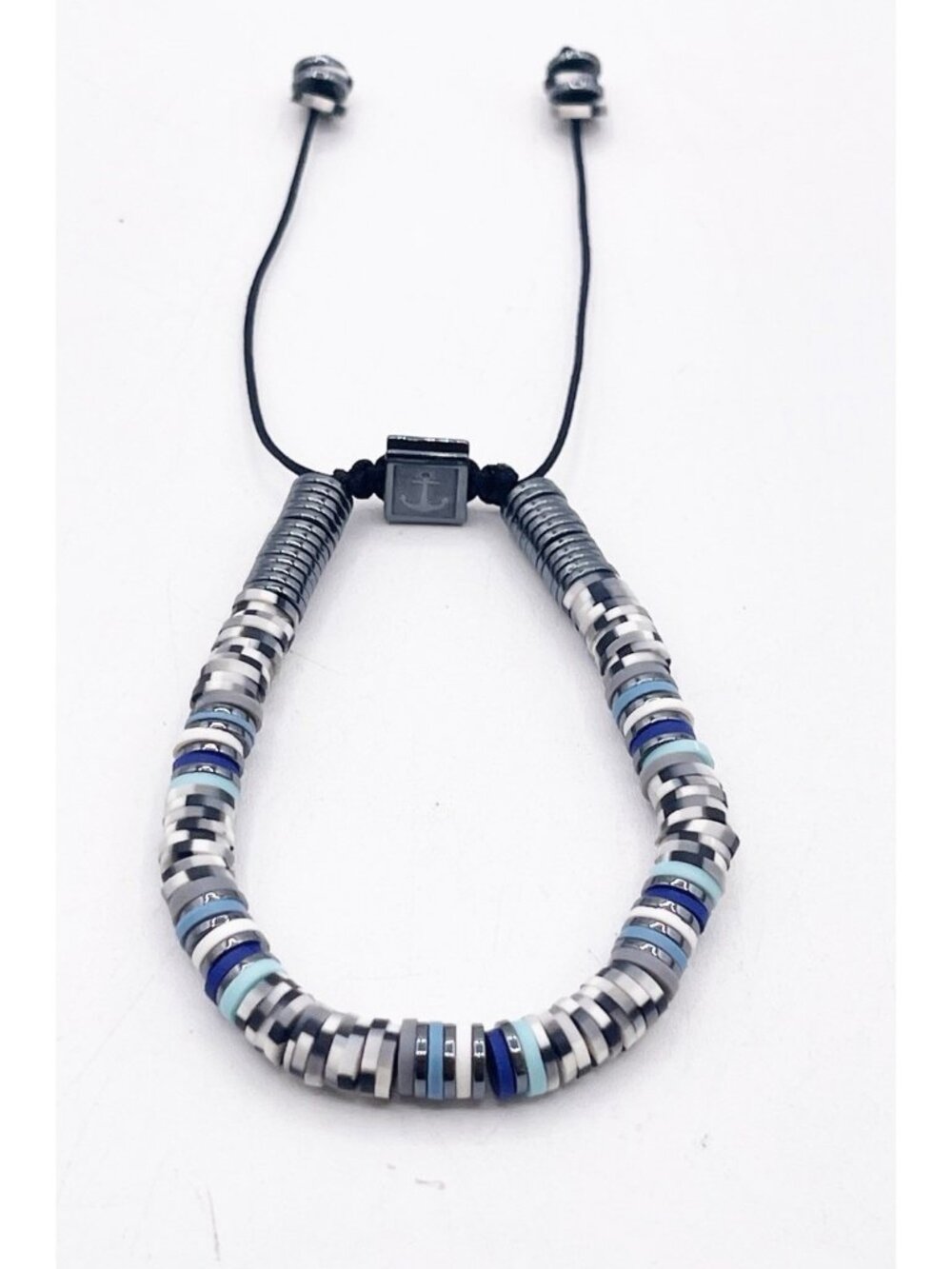 Mens Disc Beaded Bracelet Adjustable Pull Cord Blue White Silver Tone